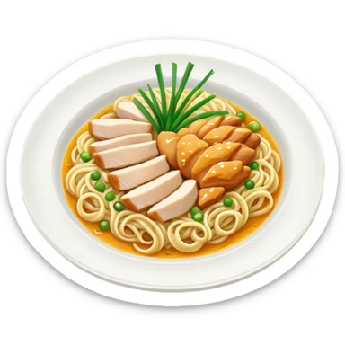 A plate of noodles with yellow sauce and chicken at the top sticker