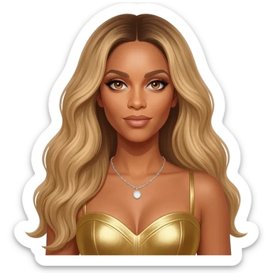 Beyonce with hazel eyes, long blonde hair, gold metallic sweetheart dress, silver necklace sticker