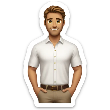 A waist up shot of a handsome tan man with brown hair wearing a white shirt sticker