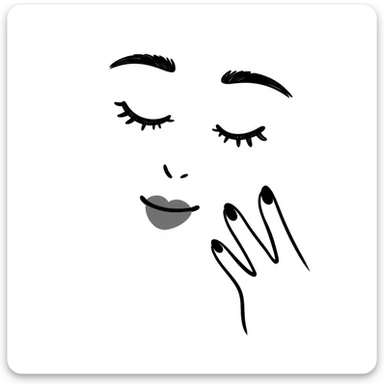 A hand-drawn face with closed smiling eyes with eyelashes, pursed lips wearing lipstick, and a hand with painted nails where only the thumb is out sticker