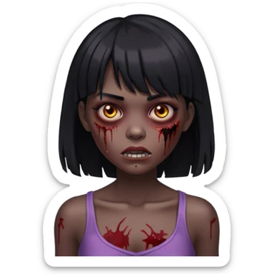 Um zumbi feminino, com cabelo preto e franja, machucados pelo rosto e torso, fundo escuro destacando o rosto com sombras sticker