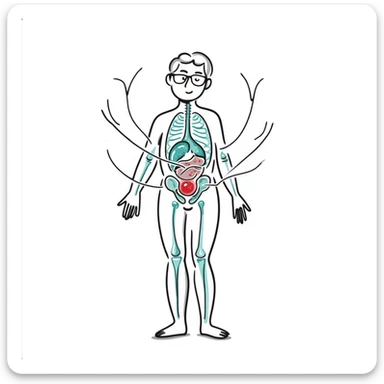 Anti-inflammatory process medical diagram: transparent human body with glowing joints and organs, blue-green healing energy waves neutralizing red inflammation spots, clinical aesthetic with soft lighting and futuristic background sticker