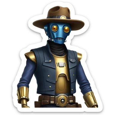 mean bounty hunter tarnished undercover tough well-equipped Jedi life-sized darkblue-pearl C3po leather vest clothing pants and vest old west duster coat holding light saber sheriff holstered gun hat floating sticker