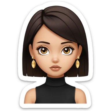 generate a pretty bratz girl in black cami top, dark brown straight short hair, eyeliner on. dark brown eyes. Wearing sleeveless white turtleneck, gold stud earrings sticker