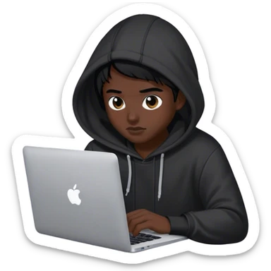 hackeur cheveux noir et capuche noiravec un macbook sticker