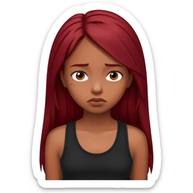 a brown girl with straight long dark red hair, black tank top, . Looking sad sticker