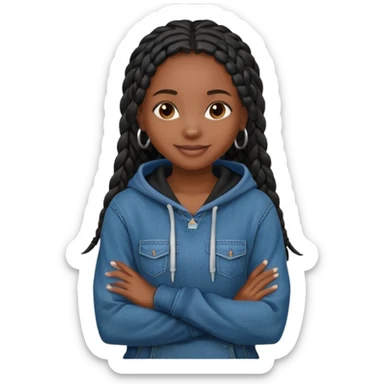 African American dark skin girl with long black box braids wearing a plain black hoodie with denim skinny jeans with arms folded across chest sticker