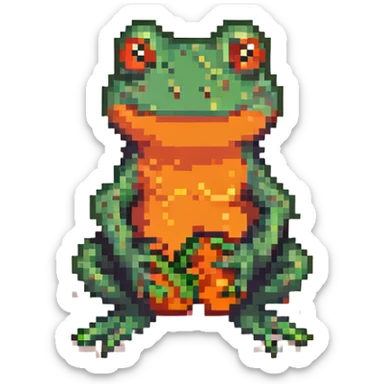 chubby pixel art frog with persimmon orange skin, sitting and smiling sticker