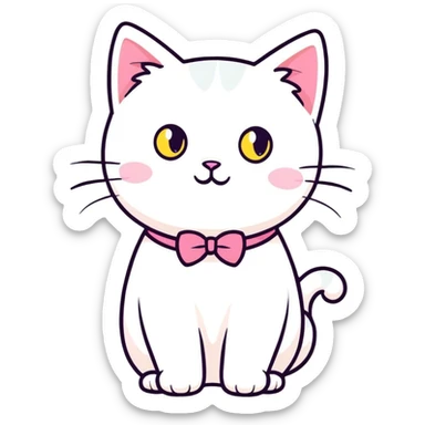 White cat with yellow round nose and a pink bow sticker