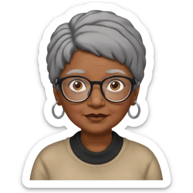 emoji of a black grandma women with black and gray hair in a low ponytail with glasses and brown eyebrows sticker