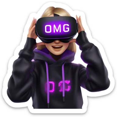 Russian girl wearing black hoody with violet letters "OMG", in vr headset oculus quest2. Dancing. Cyberpunk style. Violet neon. sticker