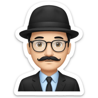 black hair dad in black suit and glasses with mustache and a hat sticker
