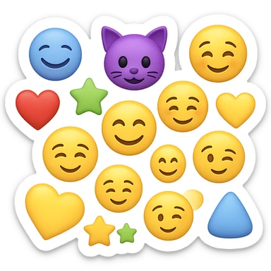 Create a cluster of about 15 to 18 different 3D Apple style emojis inspired by the provided image. The emojis should be spaced apart so that none of them touch each other on the sides, and none should go beyond the boundaries. The background should be removed, leaving only the emojis visible. sticker