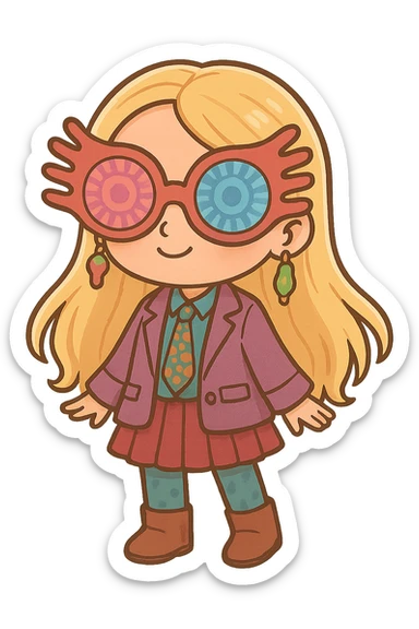Add Luna Lovegood's iconic large, colorful, and fun-shaped glasses on the character's face, keeping the cute and cartoon style of the image. sticker