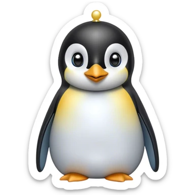 Cinematic Cute Emperor Penguin Portrait Emoji, Head tilted playfully and inquisitively, with glossy, pristine plumage accented by a bright beak and round, sparkling eyes filled with curiosity, Simplified yet irresistibly adorable features, highly detailed, glowing with a warm, friendly icy glow, high shine, affectionate and lively, stylized with a touch of whimsical charm, bright and endearing, soft glowing outline, capturing the essence of a mischievous yet loving penguin that feels like it could slide out of the screen into your arms! sticker