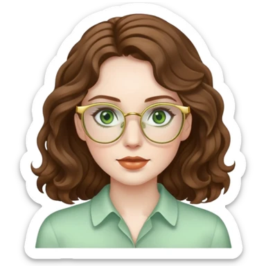 woman with pale skin, brown wavy hair, green eyes, gold glasses sticker
