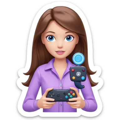 beautiful barbie girl with long brown hair, blue eyes and wearing light purple clothes playing console games with controller sticker