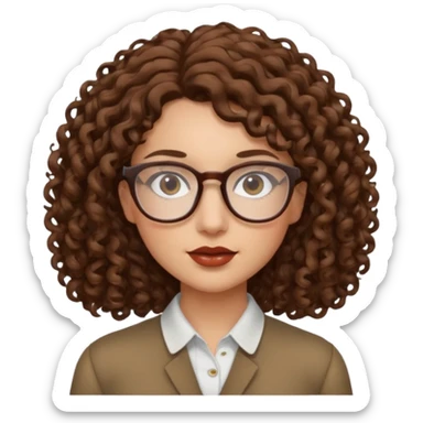 Young woman, curly brown hair, shoulder-length, brown lips, glasses sticker