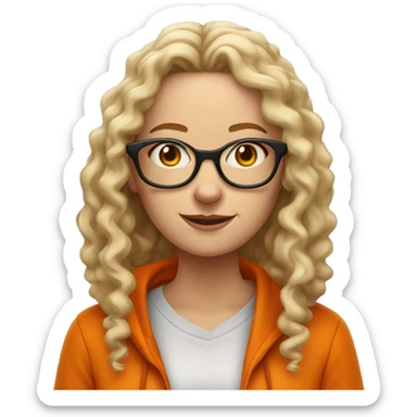 White woman with long curly hair with mischievous look and orange hoodie on. Wearing glasses but one has a dark lense and one side  is missing a lense  sticker