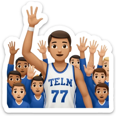 Maverick Trevillian in the crowd at an amateur basketball game. He leans towards the camera and enthusiastically shouts "six seven while performing a distinctive hand gesture: both hands open, palms facing upward, moving up and down as if weighing two options. sticker