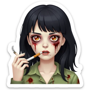 Zombie girl com cabelos pretos longos, uma franja até metade da testa e fumando um cigarro sticker