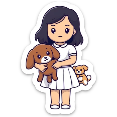 beautiful girl with long straight black hair wearing a white skirt holding a small brown curly teddy dog sticker