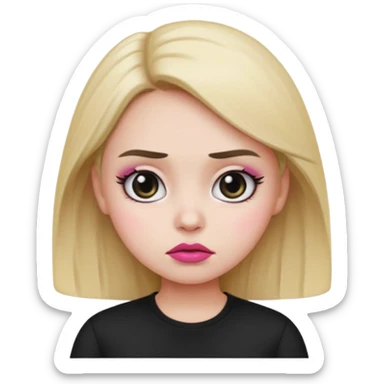  Girl emoji with round face, white skin, sharp eyebrows, frowning face, black shirt, pink lips, and big eyes  sticker
