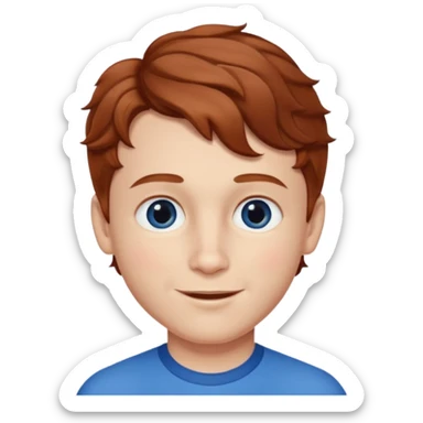 Please generate a portrait of a boy. He has light brown to reddish-brown wavy hair, a right side parting, longer sideburns, blue eyes, a snub nose, and a somewhat pronounced, strawberry-red pout. He is smiling. sticker