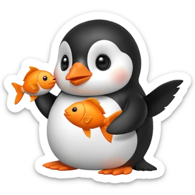 A cute penguin doll holding an orange fish. sticker