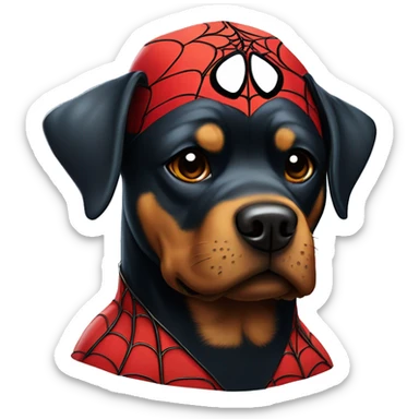 a rottweiler dog dressed up as spider-man from the marvel comics  sticker