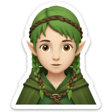 forest elf, brown braid, green cloak, gentle expression sticker