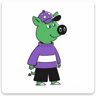 A green pig, in a purple sweatshirt, with a purple cap with a pattern of stars on his head sticker