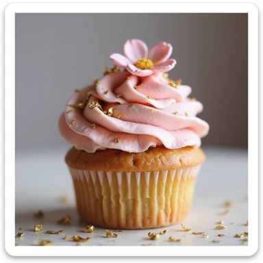 realistic cupcake with pink icing, photorealistic style, topped with a small edible flower and gold leaf accessories sticker