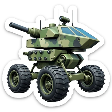 a roomy 4-wheel armored personnel stealth camouflage army massive mech trail vehicle shooting forward side-hill leaning actively independent suspended pod gimbal enemy mech off-road racing rover with large fast engine RC basher  sticker