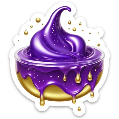 Cinematic Realistic Shiny Slime Mixed with Glitter, thick and glossy with swirling metallic flecks suspended inside, a dynamic mix of deep purple and golden sparkles, light catching every shimmer, flowing smoothly with realistic folds and ripples, glowing with an enchanting, almost liquid-metal effect. sticker