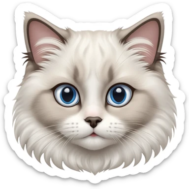 cinematic-adorable-big-eyed-fluffy-ragdoll-cat-portrait-emoji,-head-tilted-playfully-with-a-sweet-expression,-fluffy-white and grey-fur,-simplified-yet-irresistibly-cute-features-with-large,-expression, blue eyed ragdoll cat sticker