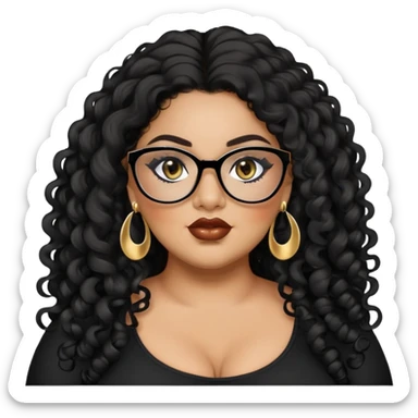 big plus size, latina, darker tan skin, long black curly hair, baddie,pretty, makeup, lipgloss, black eyeliner, long hair, small gold earrings, black top, black glasses sticker