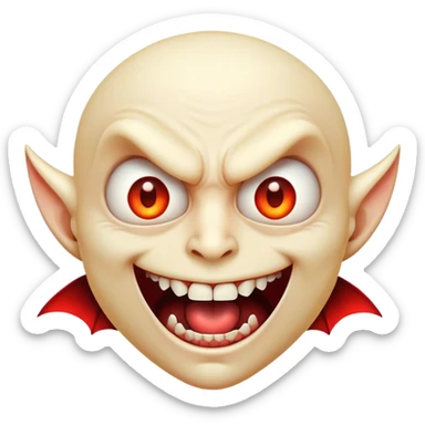 Cinematic Comical Vampire Portrait Emoji, with a sharply stylized, slightly caricatured pale face accented with exaggerated fangs and overly dramatic wide eyes filled with comic shock, head tilted in a hilariously startled pose, simplified yet amusingly detailed, glowing with a soft mysterious glow and a playful outline capturing the quirky humor of a vampire in disbelief! sticker