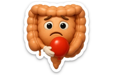 EMOJI STILE IPHONE DI un intestino triste con palloncino rosso sulla pancia, IPERREALISTICO 4K sticker