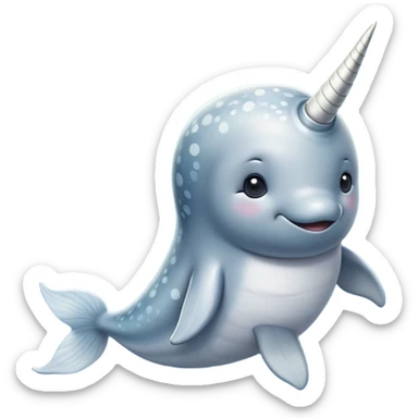 Cinematic Noble Cute Narwhal Portrait Emoji, Poised and graceful, with a streamlined, gently curved body clad in mottled, silvery-gray skin, accented by a long, spiraled ivory tusk and wide, expressive eyes radiating playful intelligence, Simplified yet sharp and sophisticated features, highly detailed, glowing with a cool, frosted ocean glow, high shine, intelligent and enigmatic, stylized with an air of whimsical marine majesty, focused and graceful, soft glowing outline, capturing the essence of a watchful and confident cute narwhal that appears ready to glide out of the screen with effortless charm! sticker