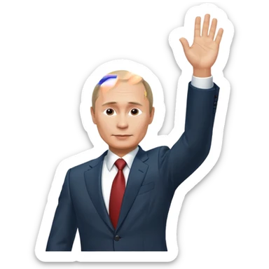 Putin stands with his right hand raised towards the sun sticker