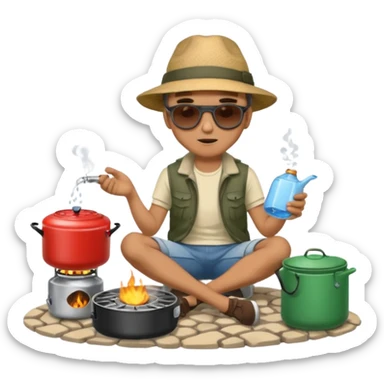A man camper boiling water on a portable stove, enjoying the outdoor breeze sitting on the ground
 sticker