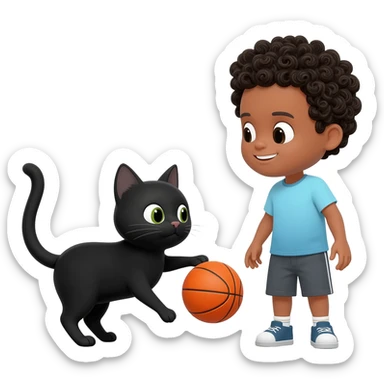 Black cat playing with orange basketball and a little white boy with curly black hair sticker