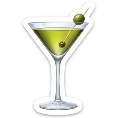 martini glass with clear liquid and an olive at the bottom skewered by a toothpick sticker