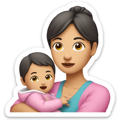 An Asian woman holds a baby with one hand, a pink package in the other hand sticker