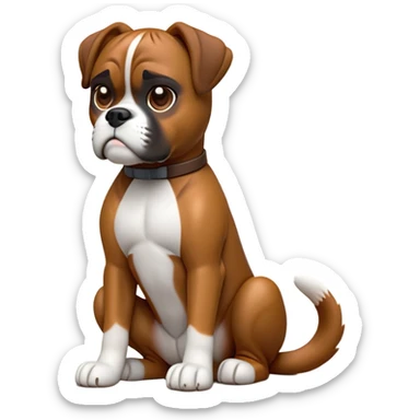 cinematic-[boxer dog]-realistic-full-body-sitting-emoji,-tail-resting-loosely-beside-its-paws,-head-tilted-dramatically,-sleek-[brown]-fur,-simplified-yet-realistic-focused-features,-highly-detailed,-glowing-with-an-almost-sarcastic-glow sticker