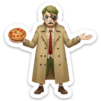 a glitch abomination with hands for a head, a baskeball stomach, pizza eyes, eyepatch, and zombie wounds, wearing trench coat sticker