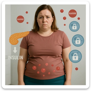 Realistic woman about 38 years old, slightly overweight with fat accumulation on abdomen and face, in a clinical or neutral environment. Expression tired and frustrated. Around the body: stylized pancreas with low insulin production icon, glucose molecules floating in the blood, cells with closed padlocks indicating they do not absorb sugar. Realistic style with medical symbolic elements. sticker