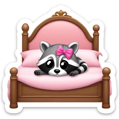 princess style bed with sleeping cute racoon wearing pink bow on head in it sticker