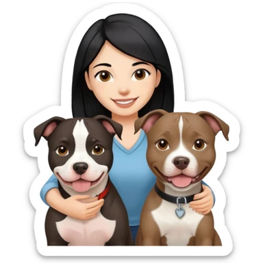 Smiling girl black hair long with pitbull brown and white sticker